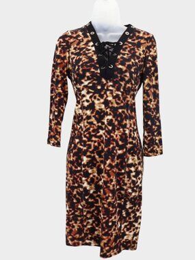 Roberto Cavalli Tortoise Print Lace-Up Grommet V-Neck 3/4 Sleeve Dress Sz 40